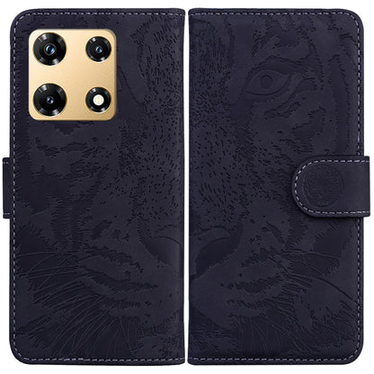 Black tiger-embossing flip leather phone case with magnetic strap and card slot