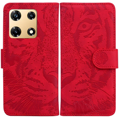 Red tiger-embossing flip leather phone case with magnetic strap and card slot
