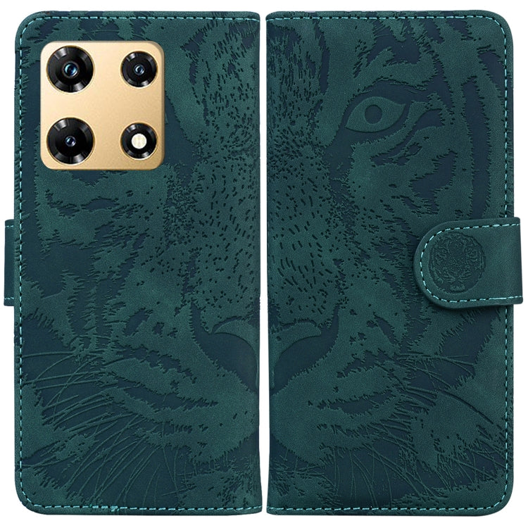 Dark green tiger-embossing flip leather phone case with magnetic strap and camera cutout
