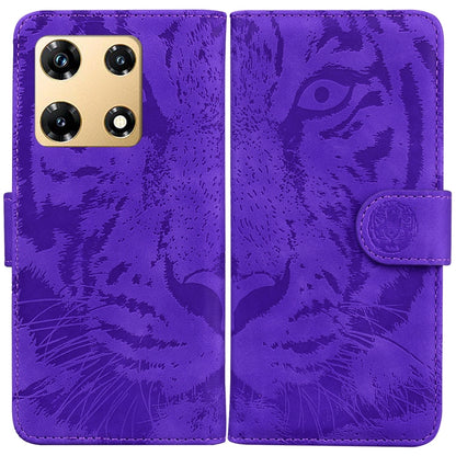 Purple tiger-embossing flip leather phone case with magnetic strap and camera cutout