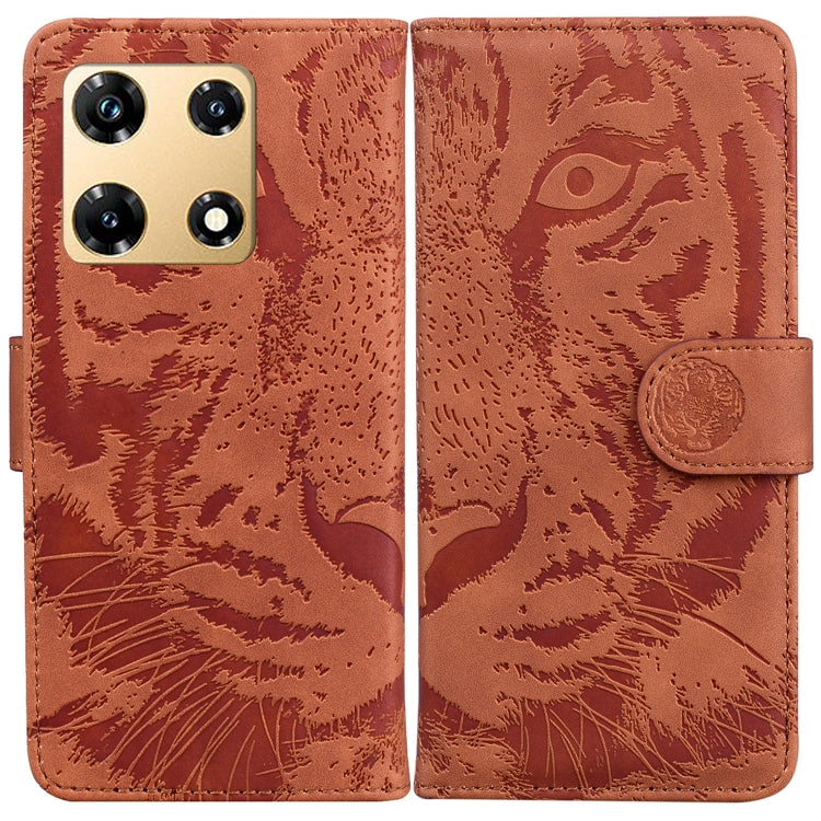 Tan-brown tiger-embossing flip leather phone case with magnetic strap and emblem buckle