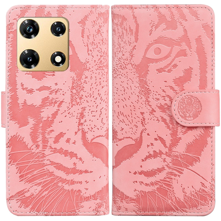 Light pink tiger-embossing flip leather phone case with magnetic strap and camera cutout