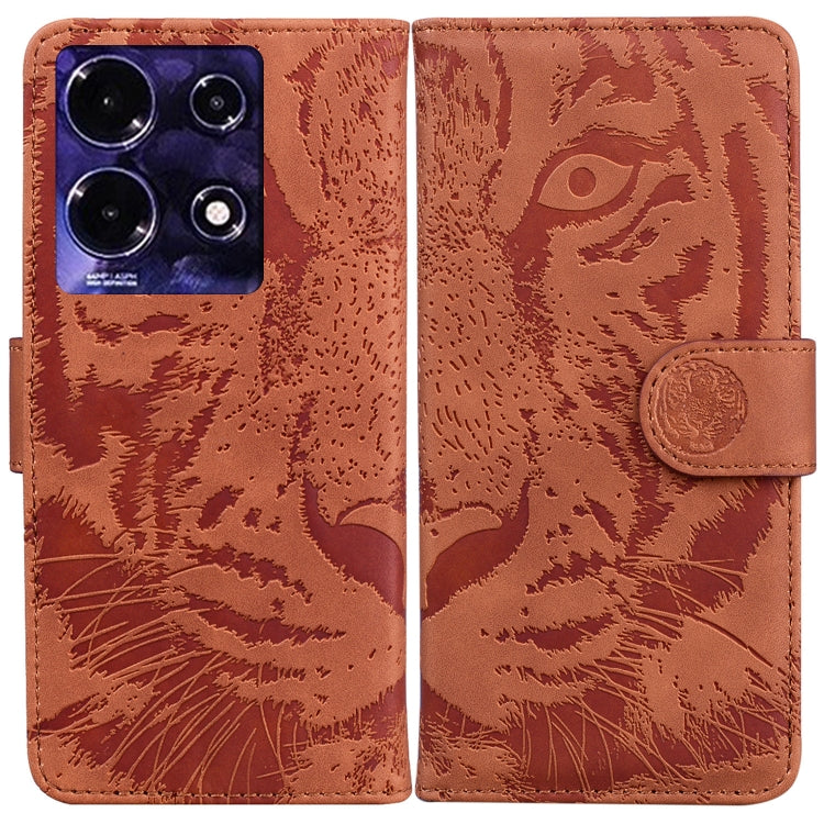 Brown tiger-embossing flip leather phone case with magnetic strap and card slot