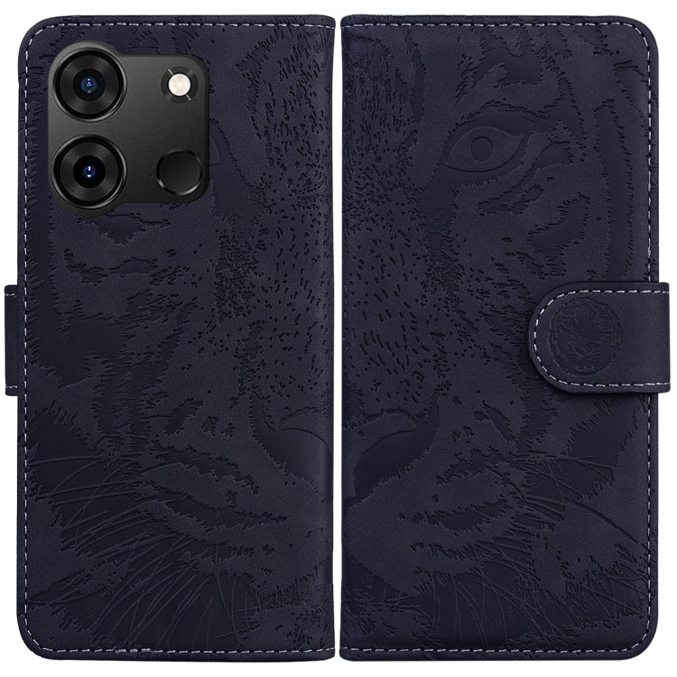 Tiger embossed flip leather phone case with magnetic strap, dark navy, camera cutouts
