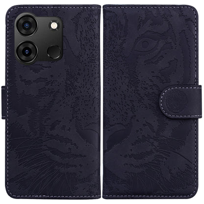 Tiger embossed flip leather phone case with magnetic strap, dark navy, camera cutouts