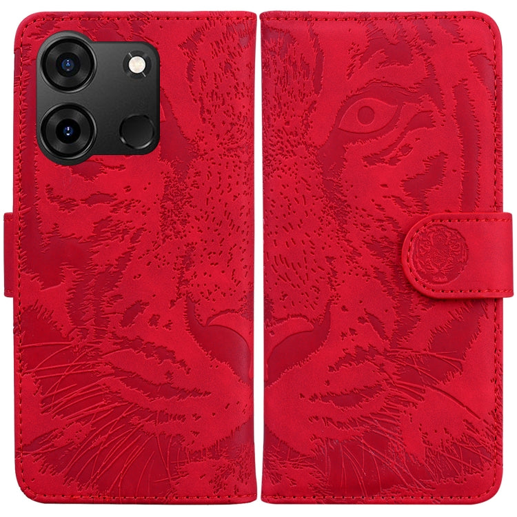 Tiger embossed flip leather phone case with magnetic strap, red, camera cutouts