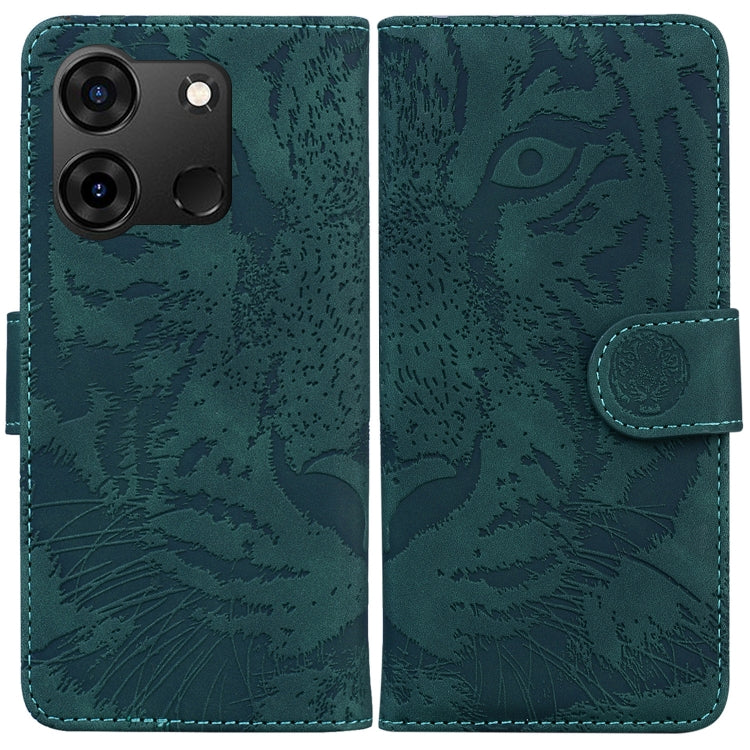 Tiger embossed flip leather phone case with magnetic strap, teal, camera cutouts