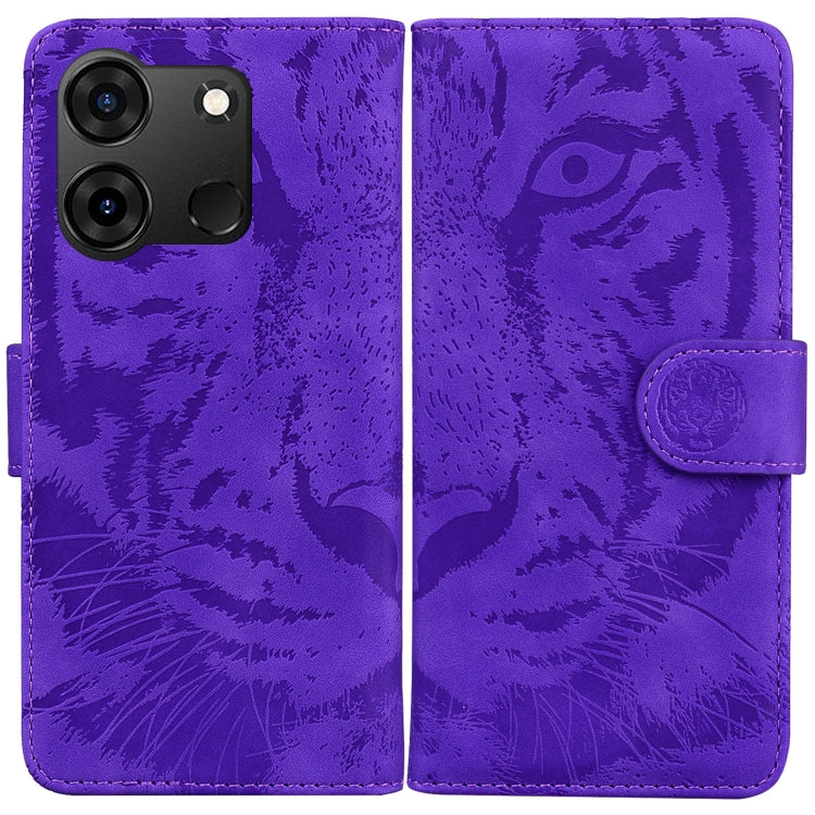 Tiger embossed flip leather phone case with magnetic strap, purple, camera cutouts