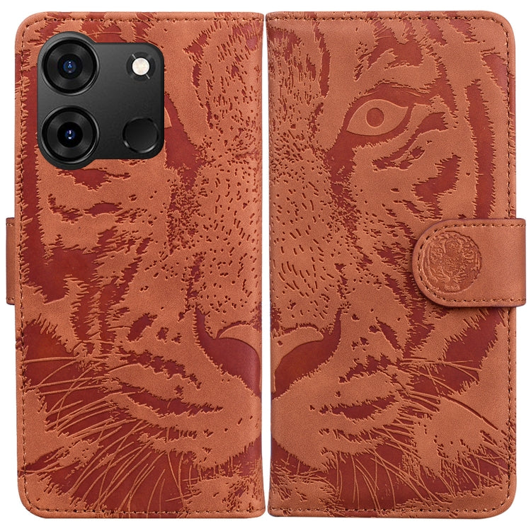 Tiger embossed flip leather phone case with magnetic strap, brown, camera cutouts