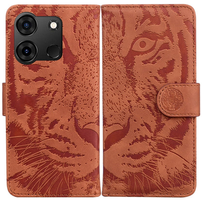 Tiger embossed flip leather phone case with magnetic strap, brown, camera cutouts