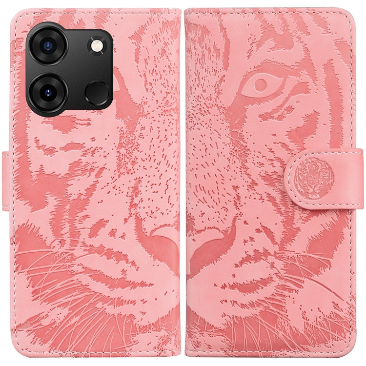 Tiger embossed flip leather phone case with magnetic strap, pink, camera cutouts