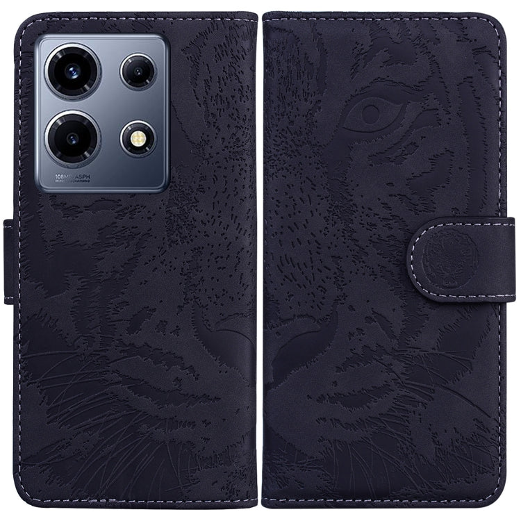 Dark navy tiger-embossed flip leather phone case with snap strap