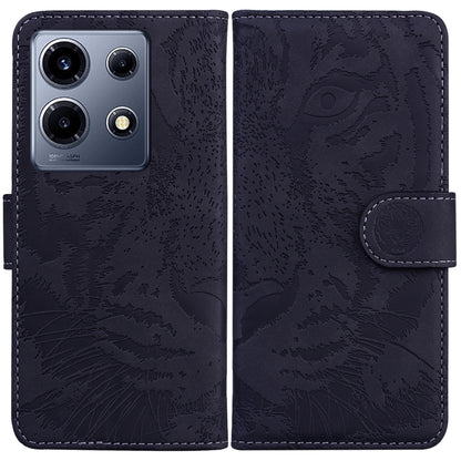 Dark navy tiger-embossed flip leather phone case with snap strap