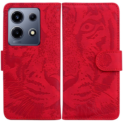 Red tiger-embossed flip leather phone case with snap strap
