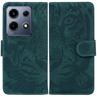Teal green tiger-embossed flip leather phone case with snap strap