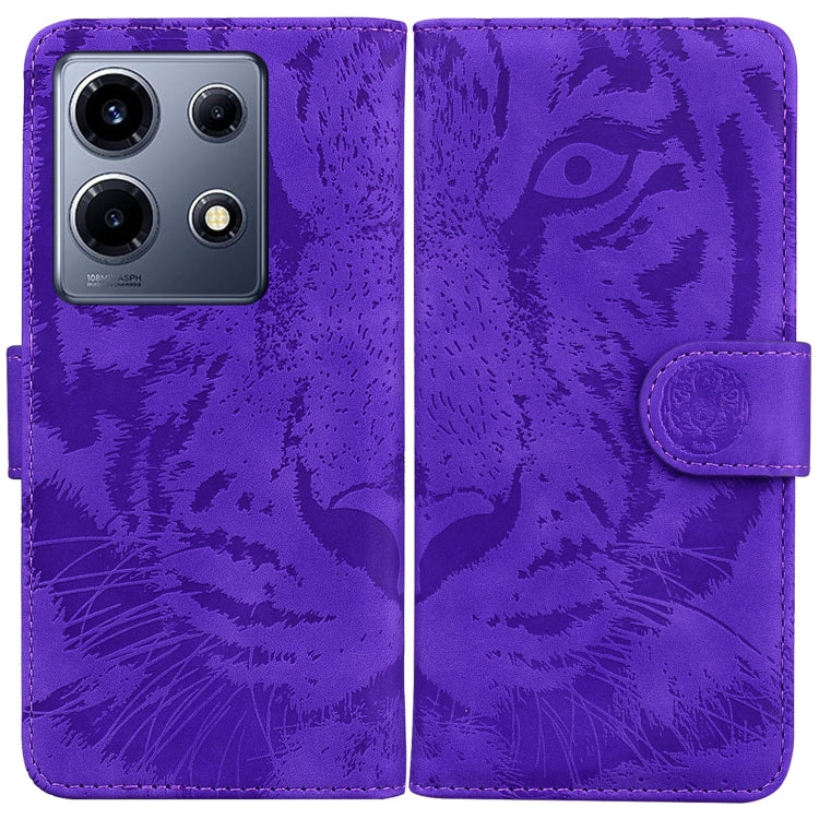 Purple tiger-embossed flip leather phone case with snap strap