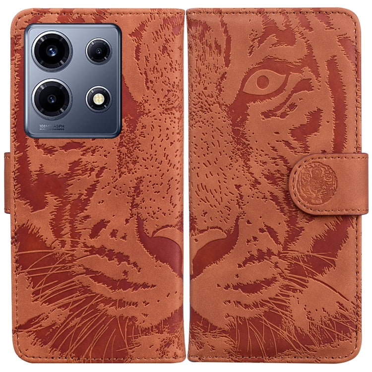 Brown tiger-embossed flip leather phone case with magnetic strap and card slot