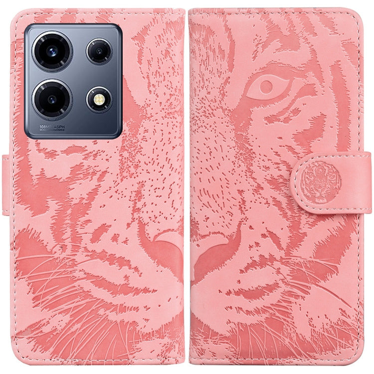 Pink tiger-embossed flip leather phone case with magnetic strap and card slot