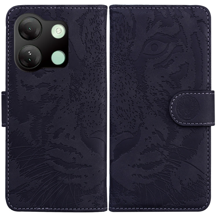 Tiger-embossed flip phone case in dark navy with side magnetic closure and card slot