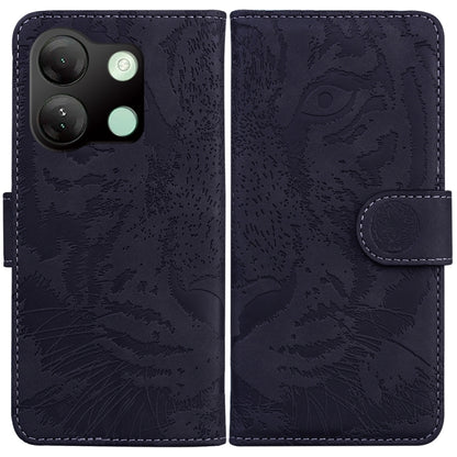 Tiger-embossed flip phone case in dark navy with side magnetic closure and card slot