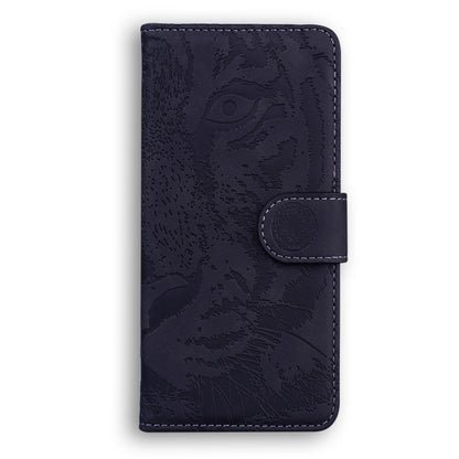 Tiger-embossed flip phone case, dark navy with round buckle-style clasp
