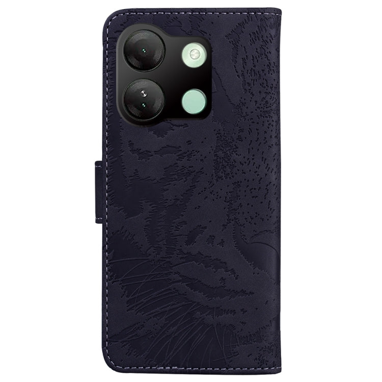 Tiger-embossed flip phone case, dark navy with camera cutout and stitched edges