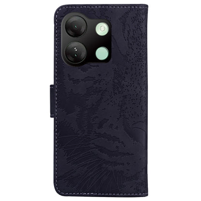 Tiger-embossed flip phone case, dark navy with camera cutout and stitched edges