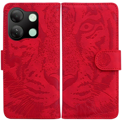 Tiger-embossed flip phone case in red with side magnetic clasp and stitched edges