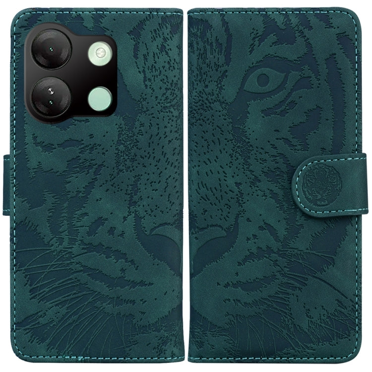 Tiger-embossed flip phone case in teal green with side magnetic clasp and camera cutout