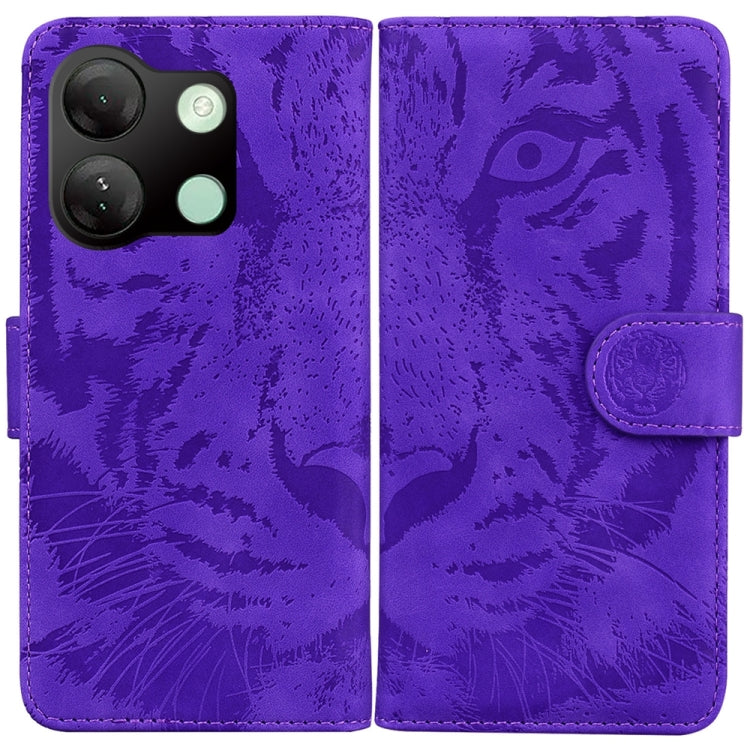 Tiger-embossed flip phone case in purple with side magnetic clasp and tiger pattern