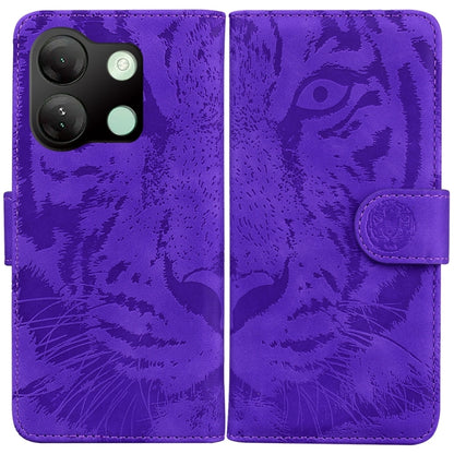 Tiger-embossed flip phone case in purple with side magnetic clasp and tiger pattern