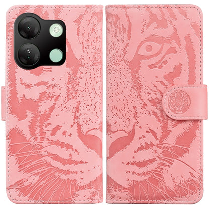 Pink tiger embossed flip leather phone case with side strap and camera cutout.
