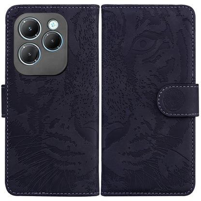 Dark navy tiger-embossed flip leather phone case with magnetic strap and card slot