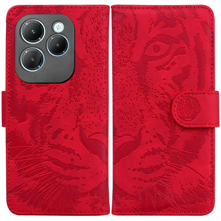 Red tiger-embossed flip leather phone case with magnetic strap and card slot