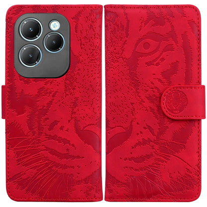 Red tiger-embossed flip leather phone case with magnetic strap and card slot
