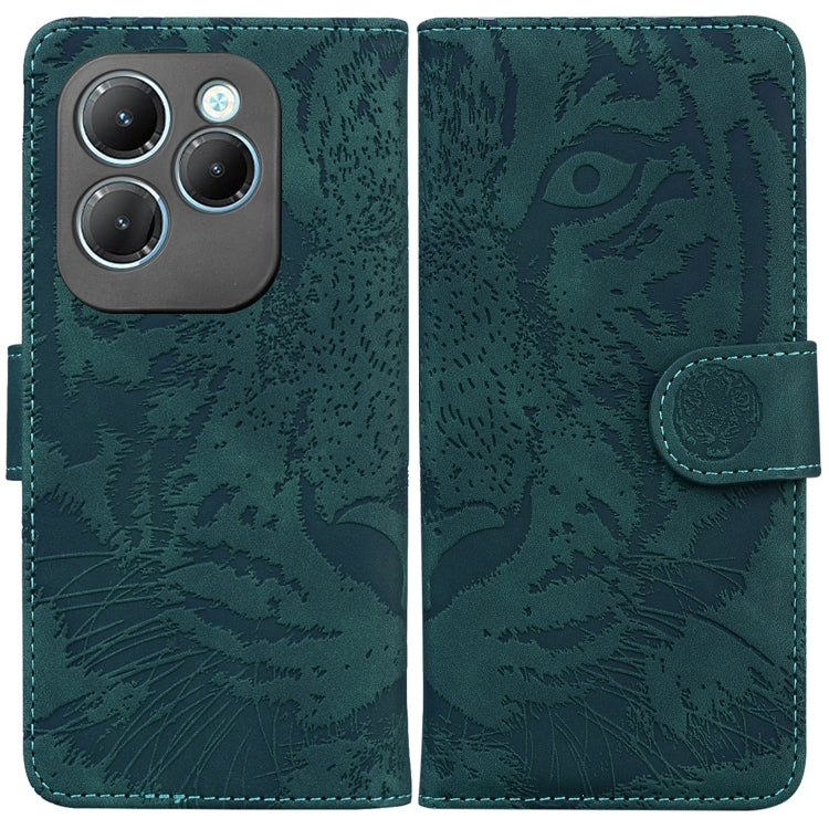 Teal tiger-embossed folio phone case with magnetic clasp and stitched edges