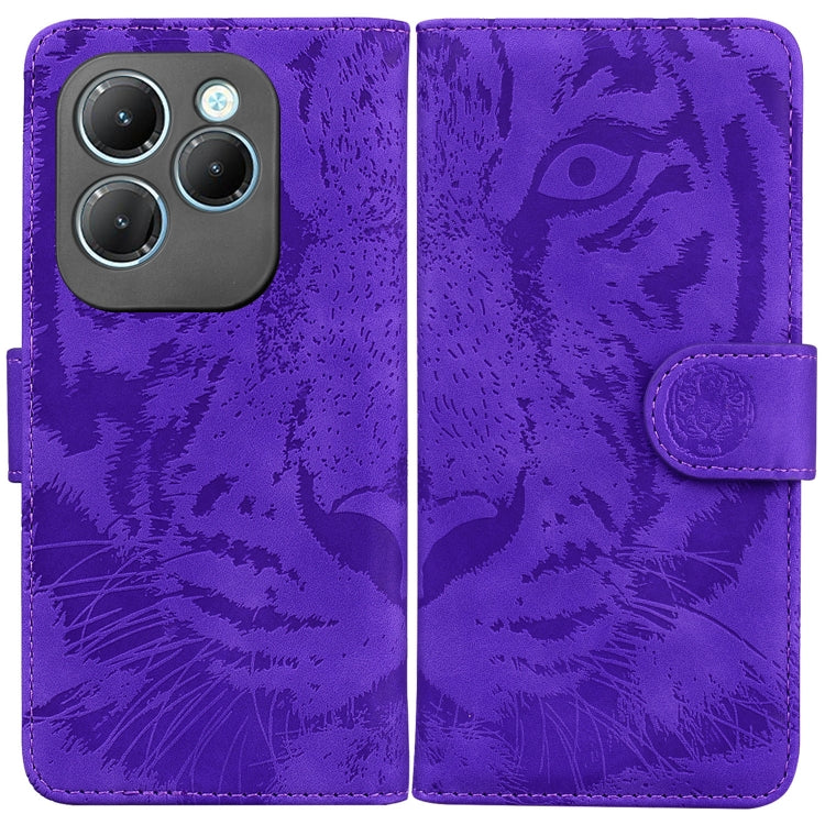 Purple tiger-embossed folio phone case with magnetic clasp and stitched edges