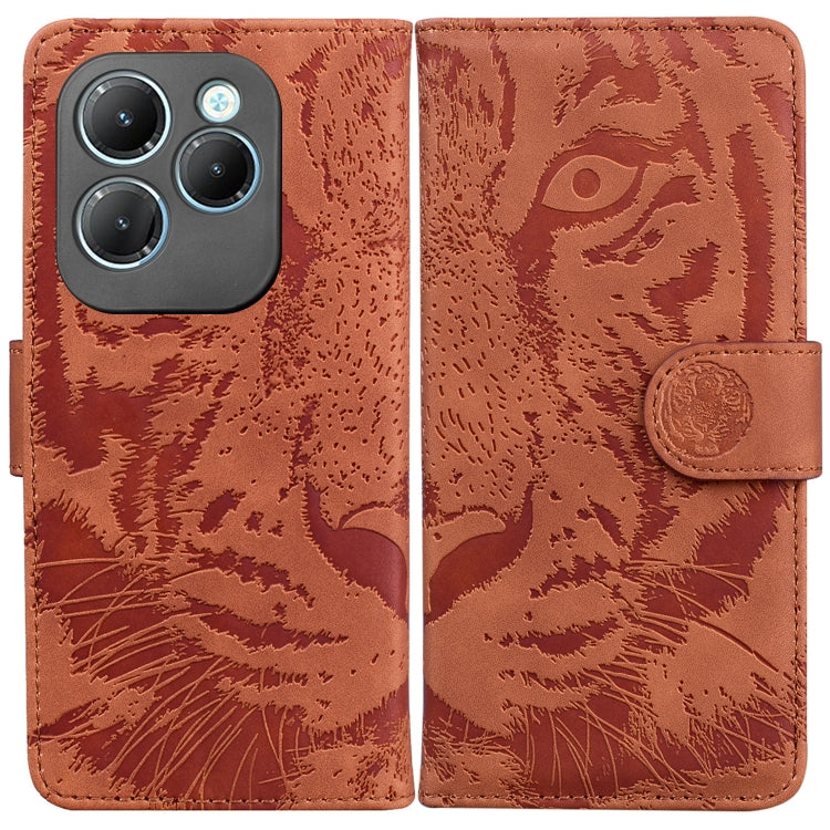Brown tiger-embossed wallet-style flip phone case with magnetic strap