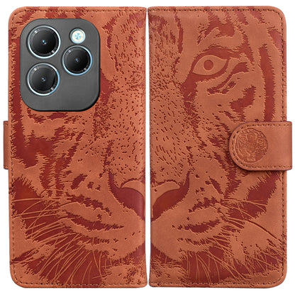 Brown tiger-embossed wallet-style flip phone case with magnetic strap
