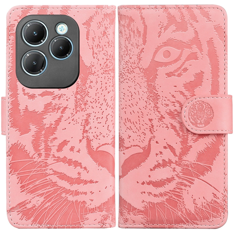 Pink tiger-embossed wallet-style flip phone case with magnetic strap