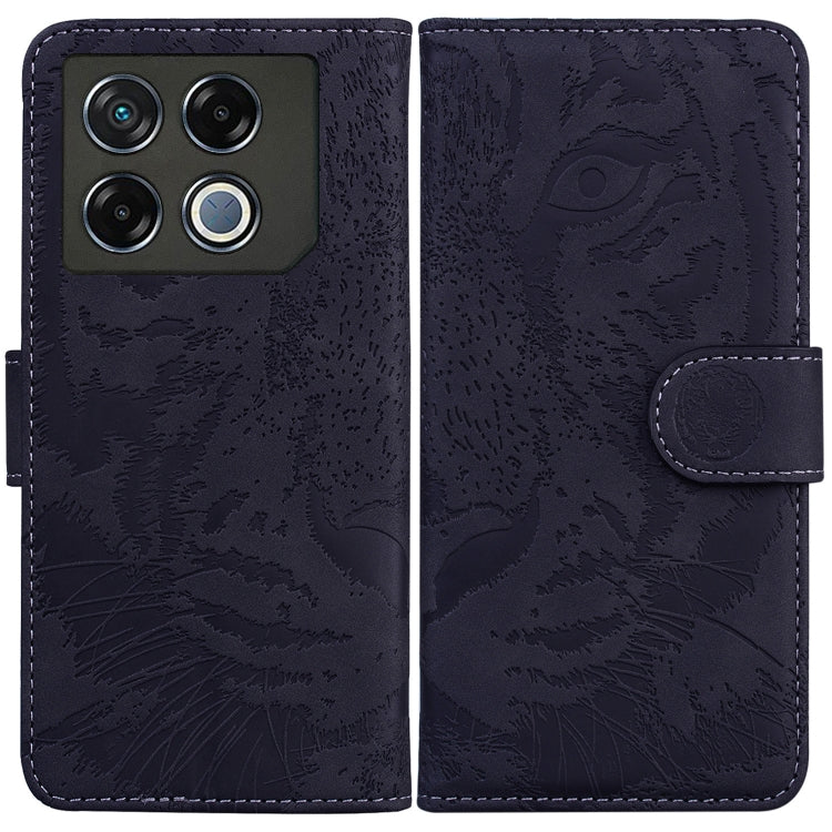 Black tiger-embossed flip leather phone case with camera cutout and side strap