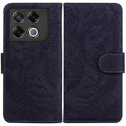 Black tiger-embossed flip leather phone case with camera cutout and side strap