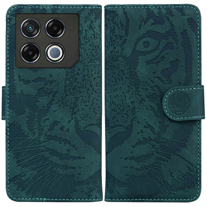 Teal tiger-embossed flip leather phone case with camera cutout and side strap