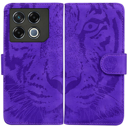 Purple tiger-embossed flip leather phone case with camera cutout and side strap