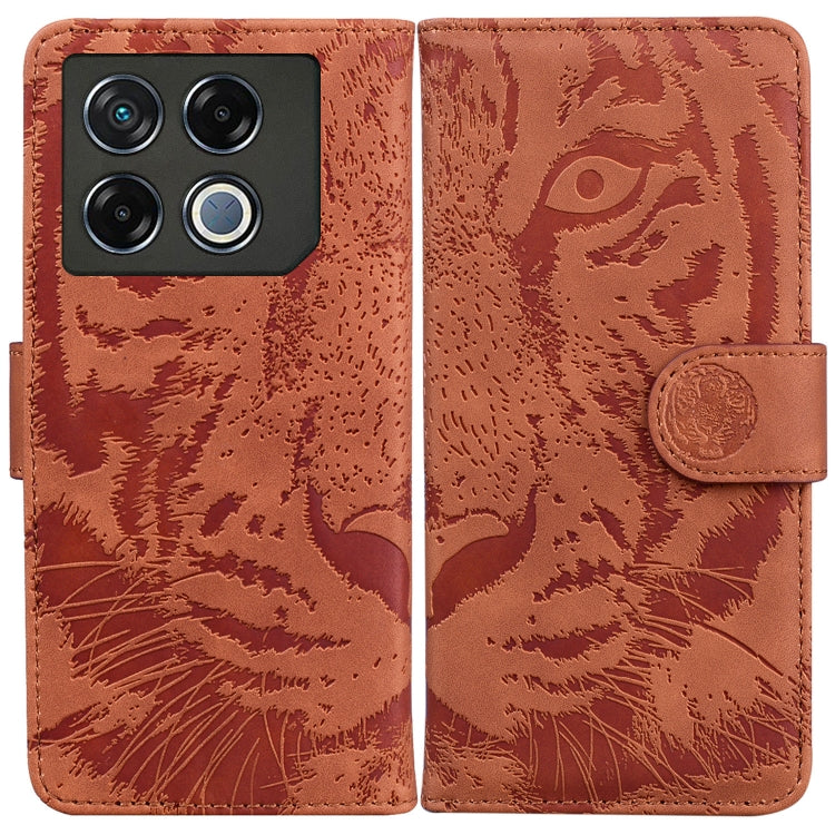 Brown tiger-embossed flip leather phone case with camera cutout and side strap