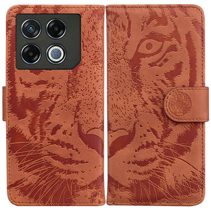 Brown tiger-embossed flip leather phone case with camera cutout and side strap