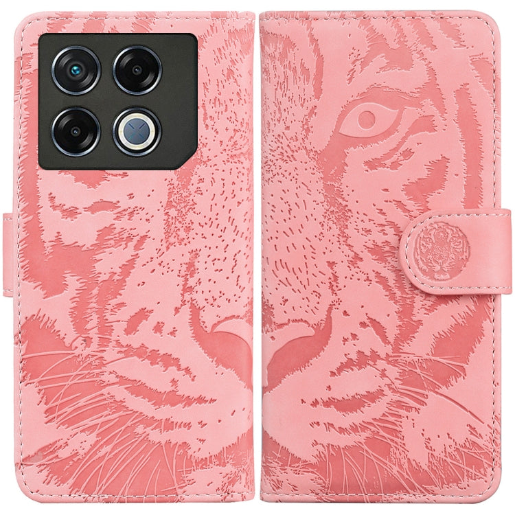 Pink tiger-embossed flip leather phone case with camera cutout and side strap