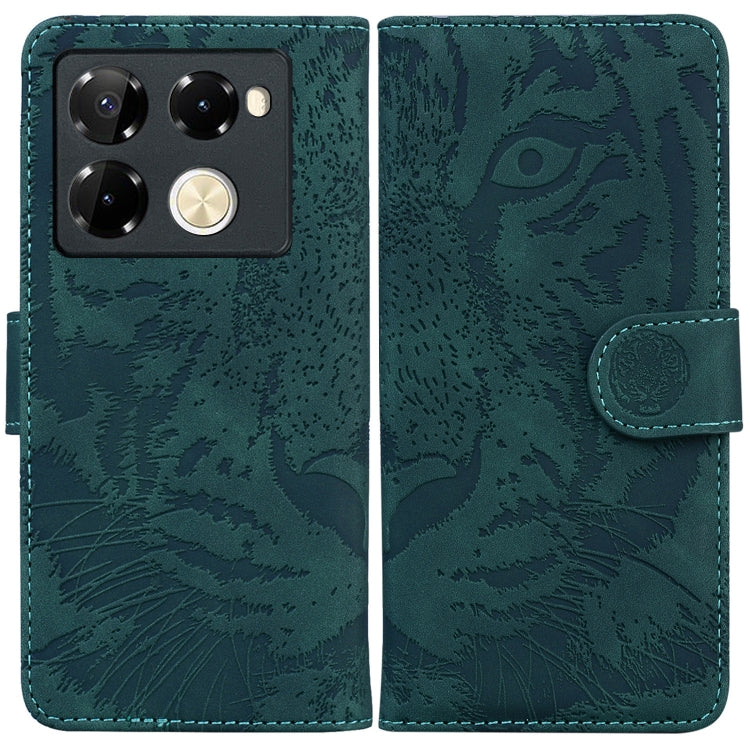 Teal tiger-embossed flip leather phone case with camera cutout and side strap
