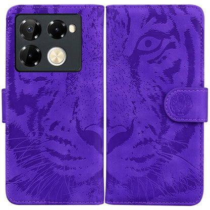 Purple tiger-embossed flip leather phone case with camera cutout and side strap