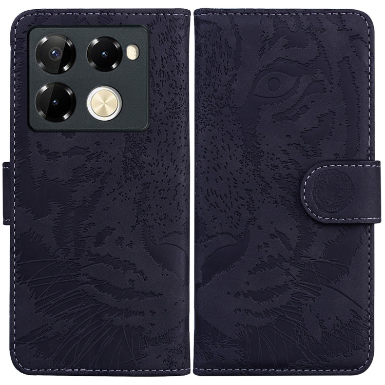Dark navy tiger-emboss flip leather phone case with magnetic strap and card slot